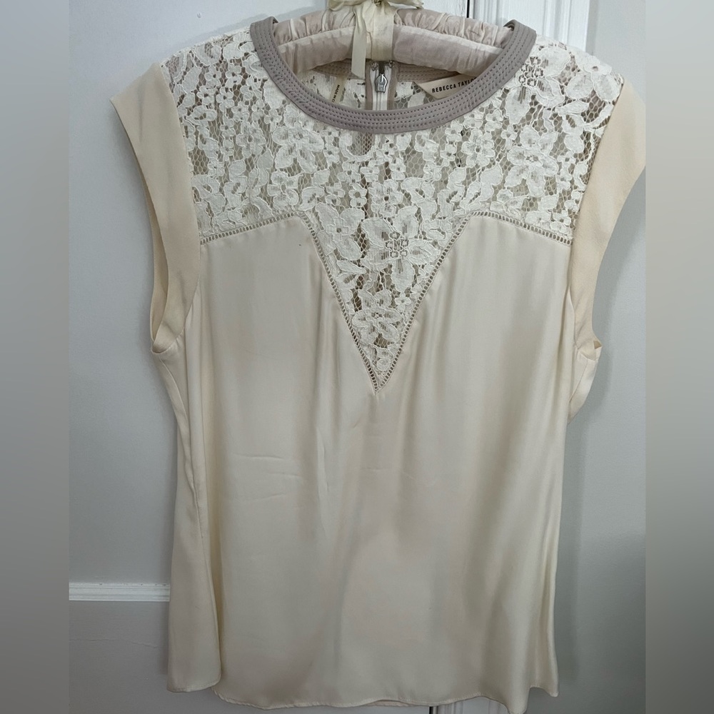 Rebecca Taylor Cream Silk Blouse w/ Lace detail and Leather Collar